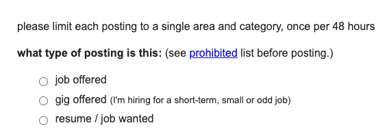 Snippet of Craiglist post experience with radio buttons for user to indicate what type of job posting they want: job offered, gig offered, or resume/job wanted.