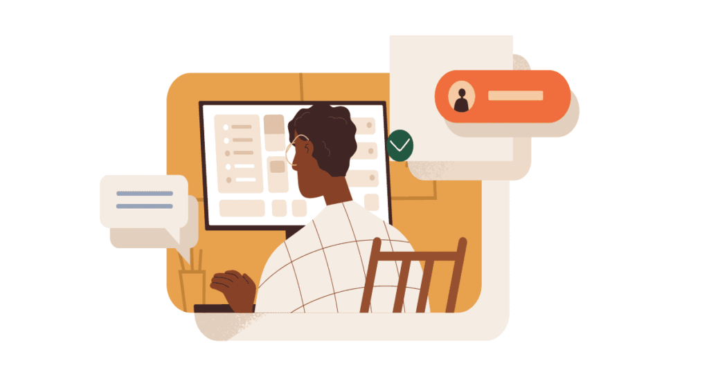 Cartoon of person typing into document.